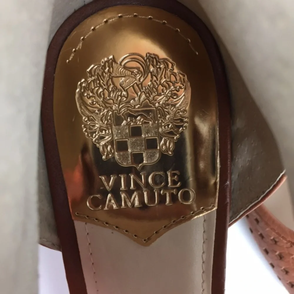 Vince Camuto Womens Brown Woven Leather Peep Toe Sandal Cone Heel size 10